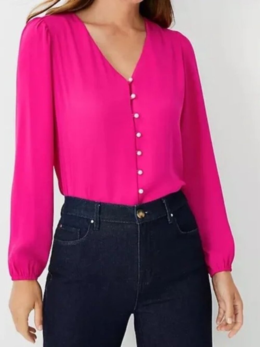 Pink V-Neck Blouse with Pearl Buttons